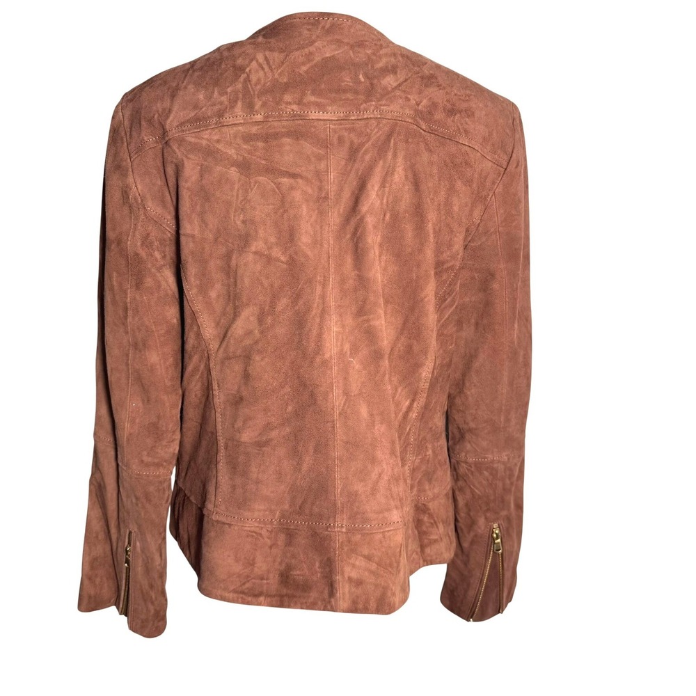 TALBOTS Women's 12 Brown Goat Suede Leather Asymmetrical Zip Pockets Moto Jacket - Picture 3 of 9